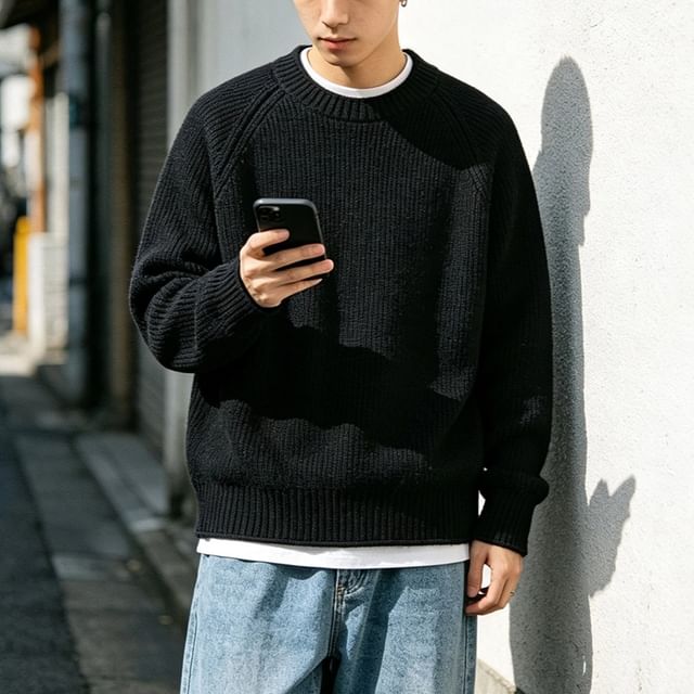 citybae-Plain Crew-Neck Knit Sweater