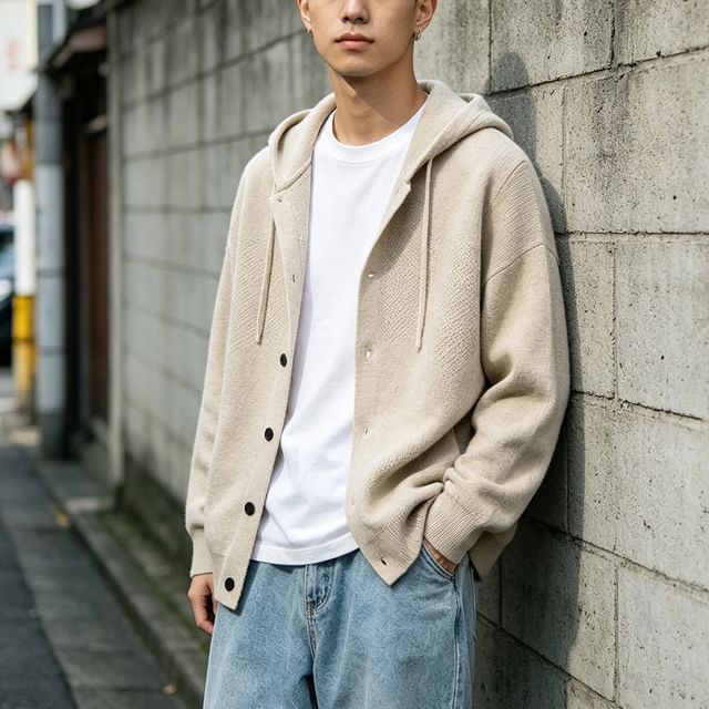 citybae-Plain Hooded Knit Cardigan