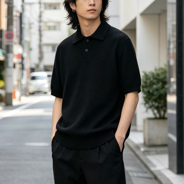 citybae-Plain Knit Polo Shirt