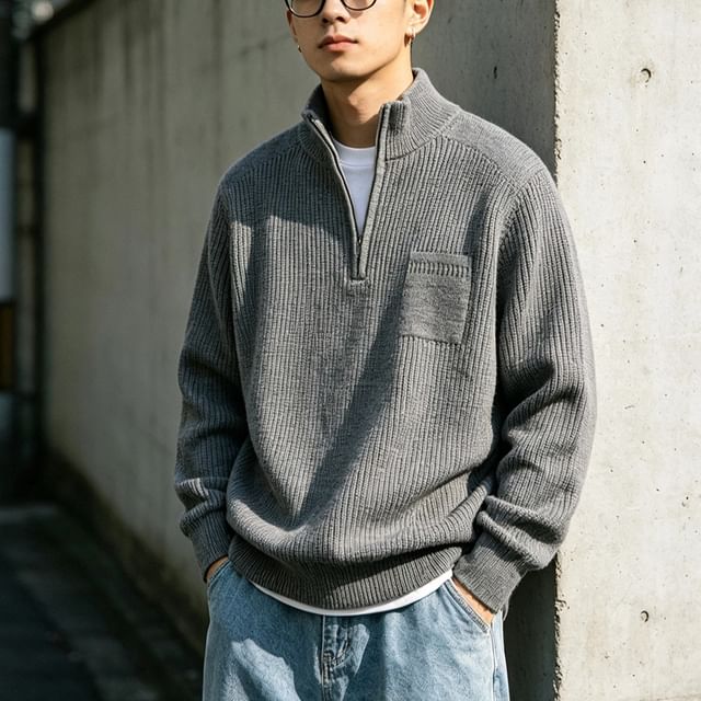 citybae-Quarter-Zip Mock-Neck Knit Sweater
