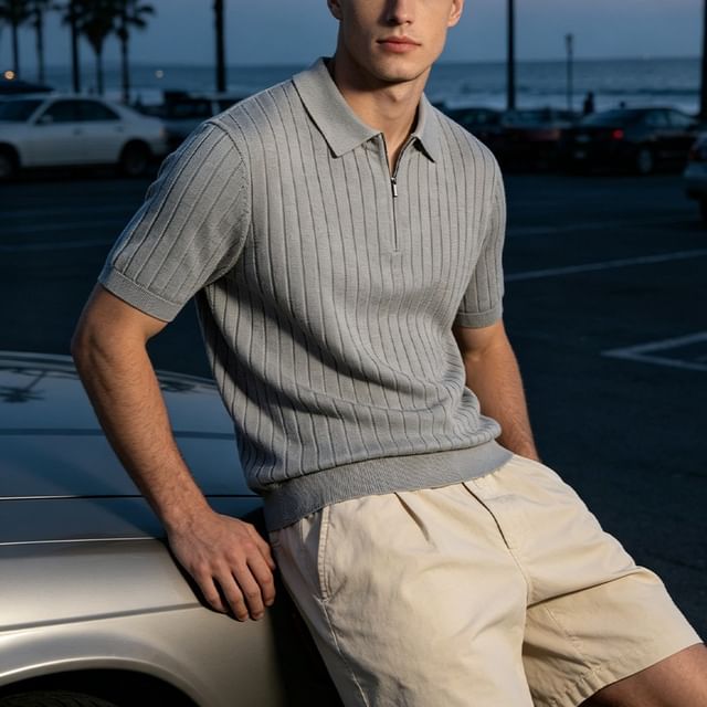 citybae-Quarter-Zip Rib-Knit Polo Shirt