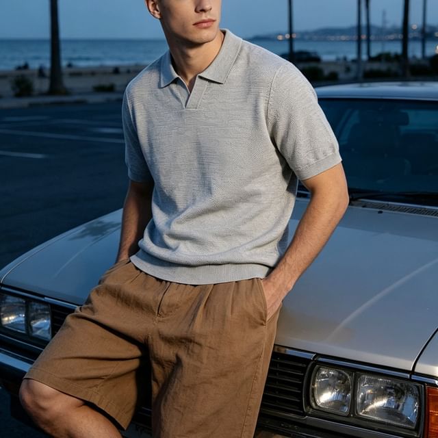 citybae-Seagull-Collar Plain Polo Shirt