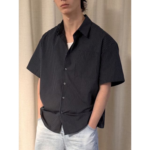 citybae-Short-Sleeve Collared Pinstriped Button Up Shirt