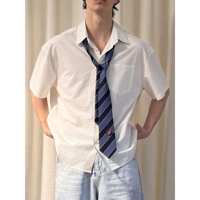 citybae-Short-Sleeve Collared Plain Ruched Shirt