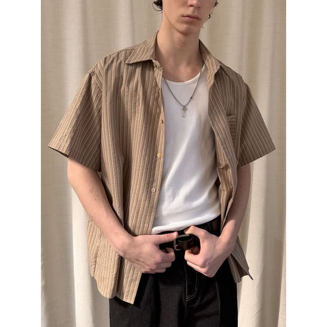 citybae-Short-Sleeve Collared Striped Button Up Shirt