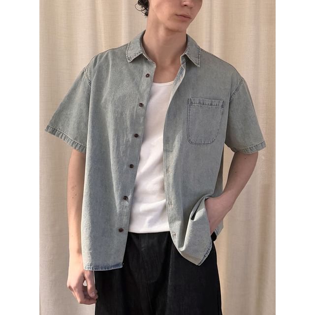 citybae-Short-Sleeve Collared Washed Denim Button Up Shirt