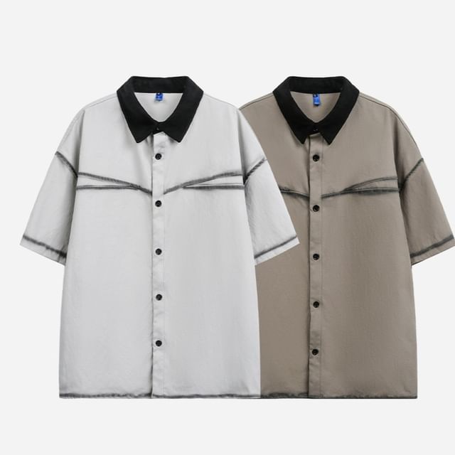 citybae-Short Sleeve Contrast Collar Panel Shirt