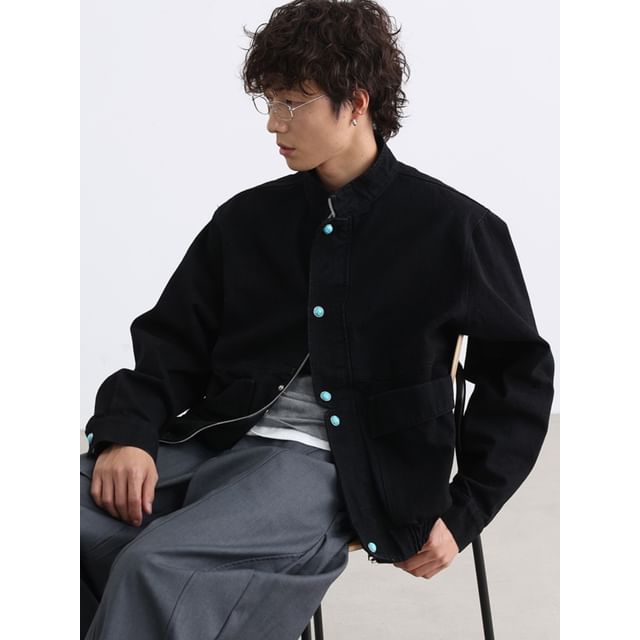 citybae-Stand Collar Plain Faux Turquoise Button Denim Jacket