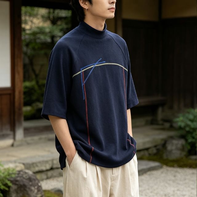 citybae-Stitched Stand-Collar Loose T-Shirt