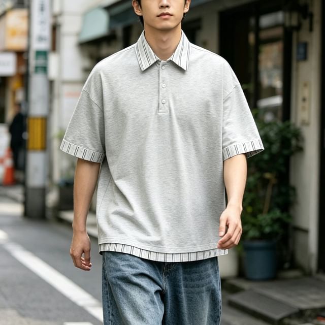 citybae-Stripe-Panel Overfit Polo Shirt