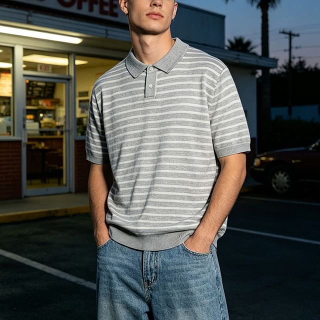 citybae-Striped Knit Polo Shirt