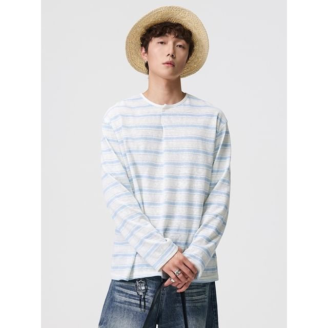 citybae-Striped Long-Sleeve Light Henley