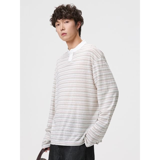 citybae-Striped Long-Sleeve Loose Henley