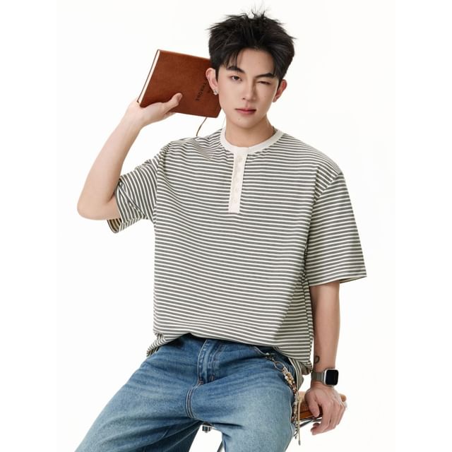 citybae-Striped Loose Henley