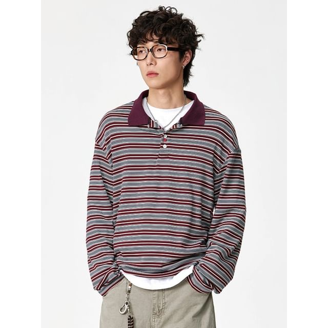 citybae-Striped Loose Polo Shirt