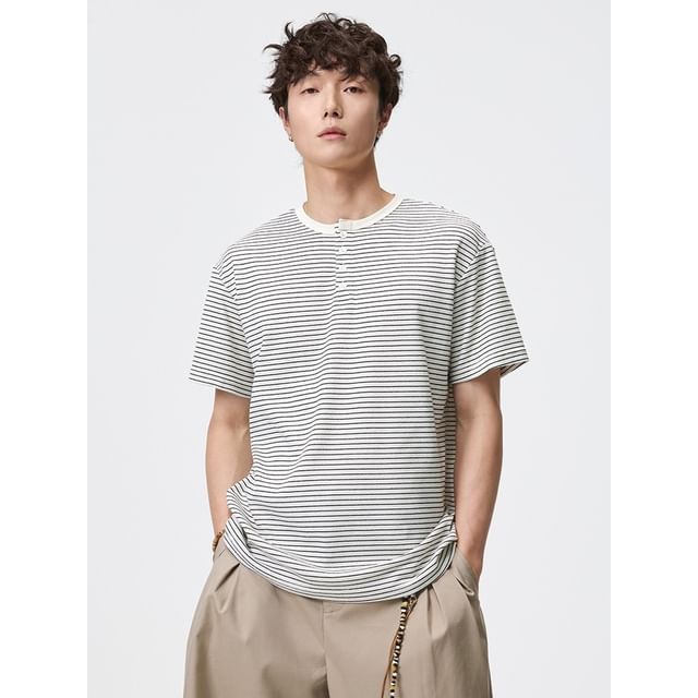 citybae-Striped Short-Sleeve Loose Henley