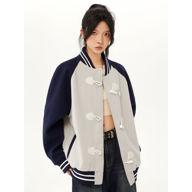 citybae-Toggle Colorblock Baseball Jacket
