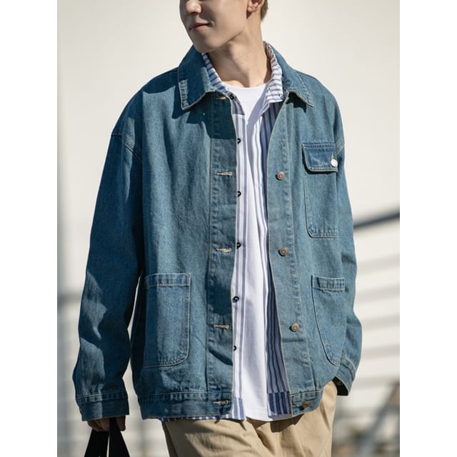 citybae-Washed Button-Up Denim Jacket