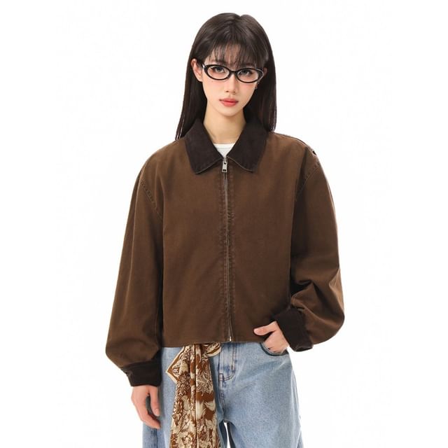 citybae-Washed Canvas Crop Jacket