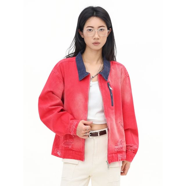 citybae-Washed Colorblock Polo Jacket