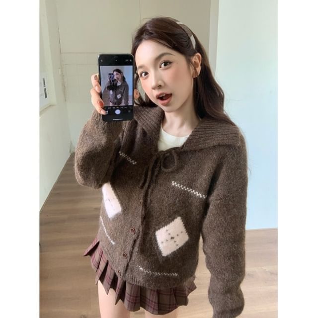 Closette-Collared Argyle Tie-Up Cardigan