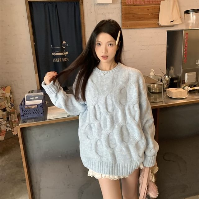 Closette-Crewneck Cable Knit Plain Sweater