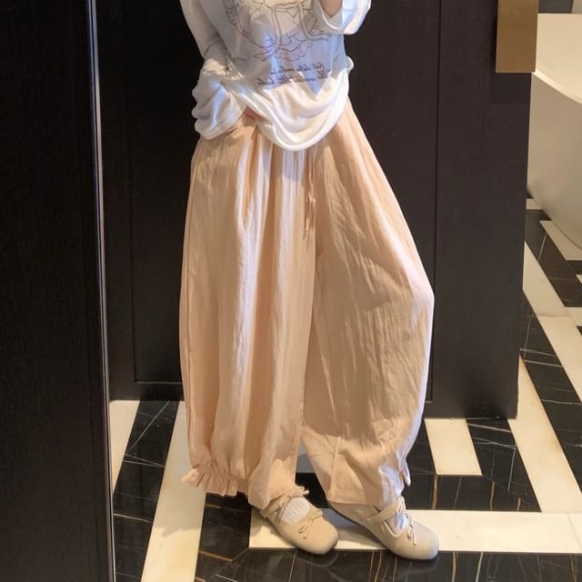 Closette-Elastic Waist Plain Ruffle Balloon Pants