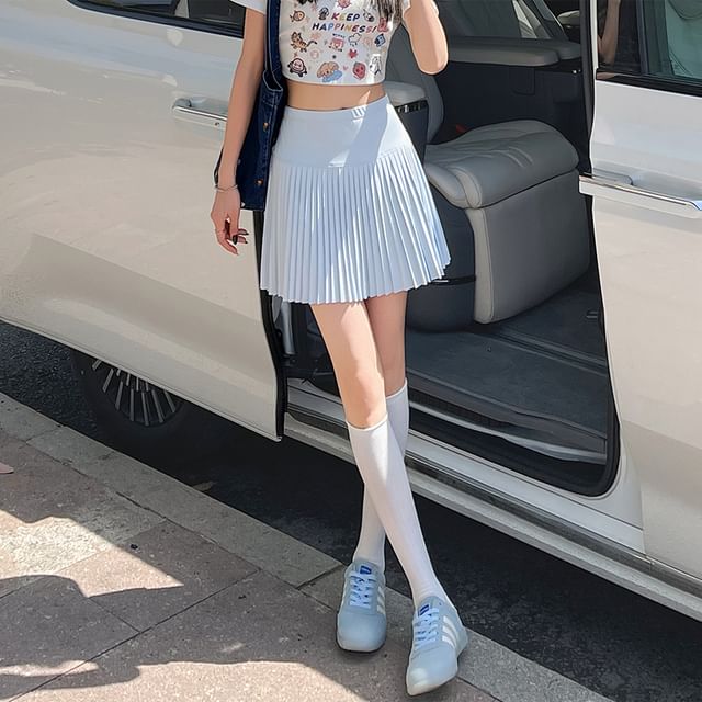 Closette-High Waist Plain Mini Pleated Skirt