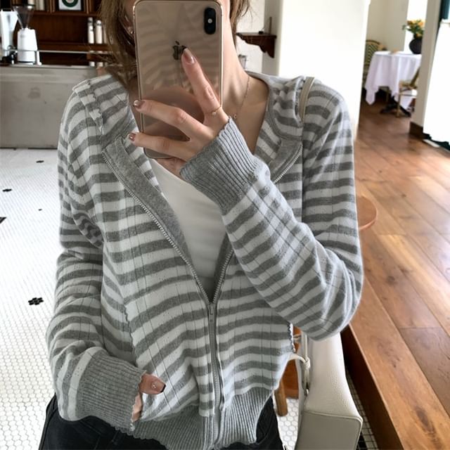 Closette-Hooded Striped Zip Knit Jacket
