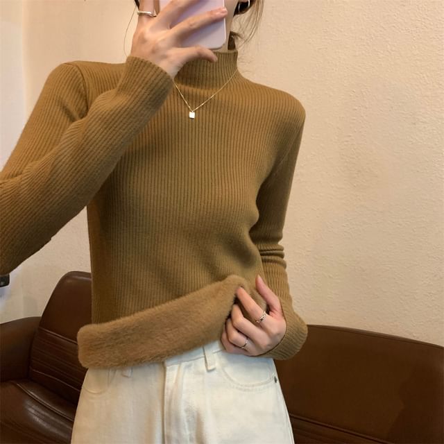 Closette-Long-Sleeve Mock Neck Plain Knit Top