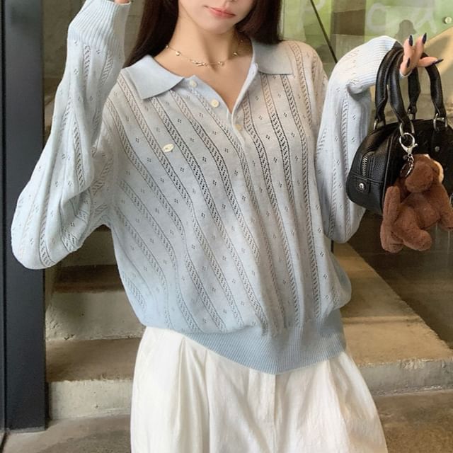Closette-Long Sleeve Plain Pointelle Knit Polo Top
