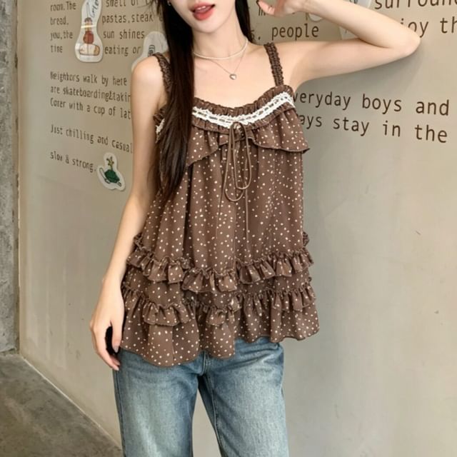 Closette-Micro Dot Frill Trim Flowy Camisole Top