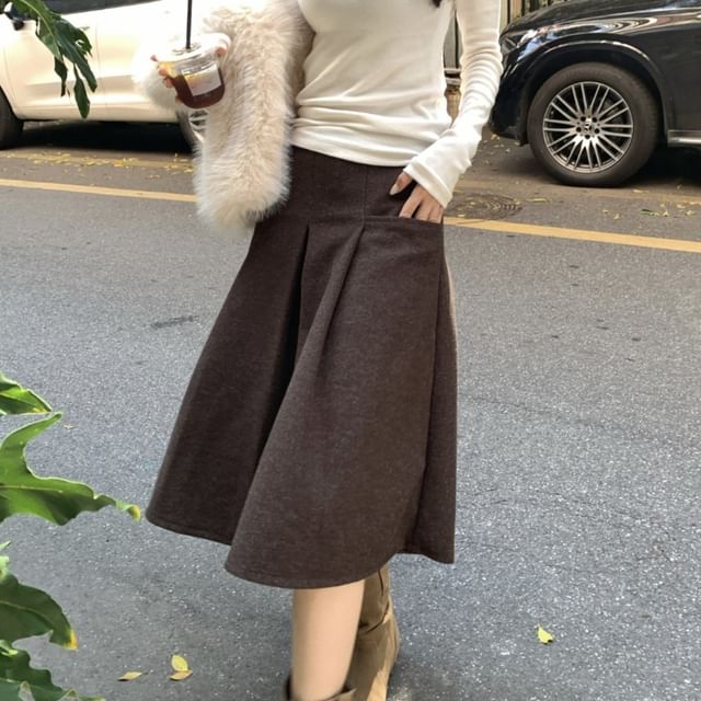 Closette-Mid Rise Plain Midi A-Line Skirt