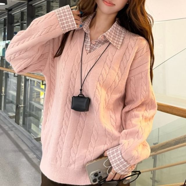 Closette-Mock Two-Piece Collared Plaid Panel Cable Knit Sweater