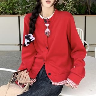 Closette-Mock Two-Piece Round Neck Plaid Panel Button Jacket