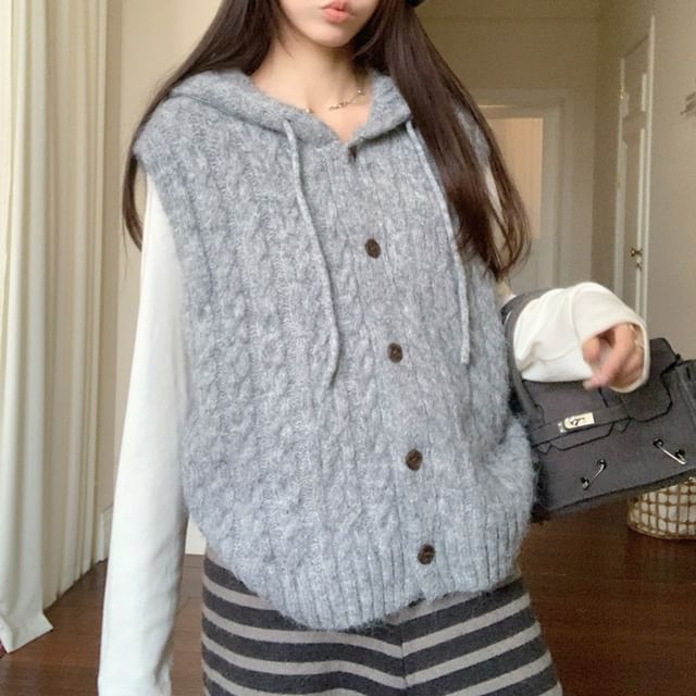 Closette-Plain Hooded Cable-Knit Single-Breasted Sweater Vest