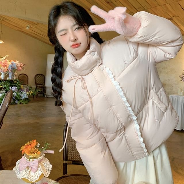 Closette-Plain Padded Ruffle Trim Zip Jacket