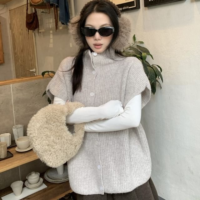 Closette-Plain Ribbed Button-Up Knit Sweater Vest
