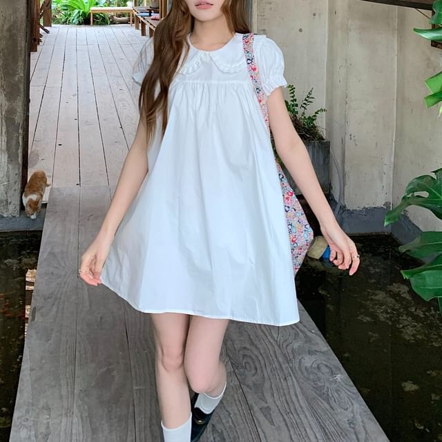 Closette-Puff-Sleeve Collar Plain Mini Smock Dress