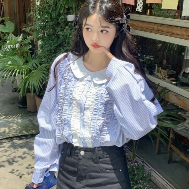 Closette-Puff-Sleeve Striped Ruffled Blouse