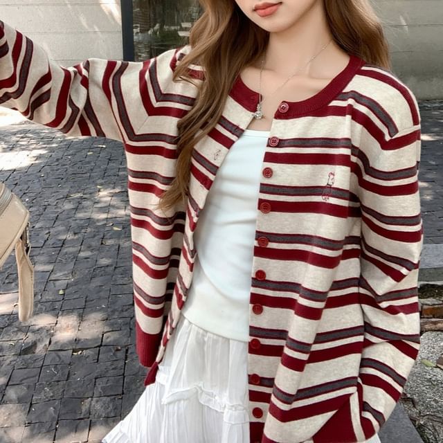 Closette-Round Neck Striped Cardigan