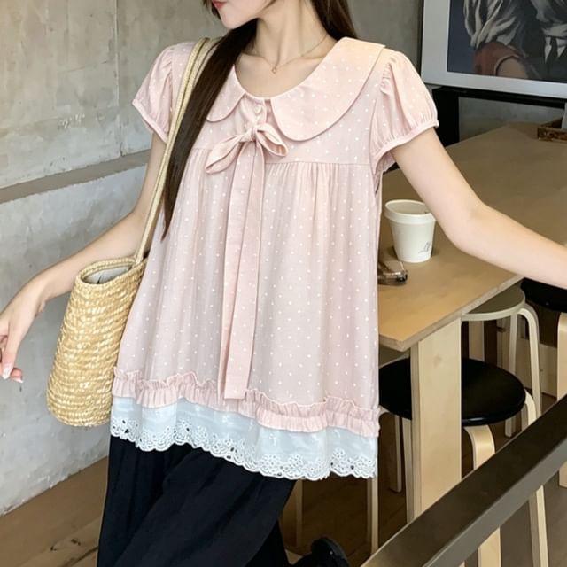 Closette-Short-Sleeve Collared Polka Dot Lace Trim Blouse
