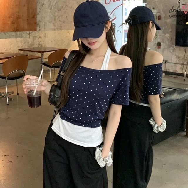 Closette-Short Sleeve Halter Dotted Mock Two Piece Top