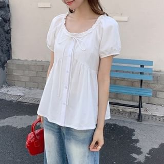 Closette-Short Sleeve Round Neck Plain Bow Ruffle Blouse