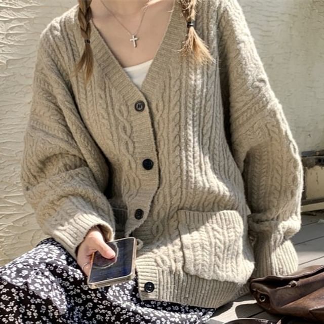 Closette-V-Neck Button-Up Plain Cable Knit Cardigan