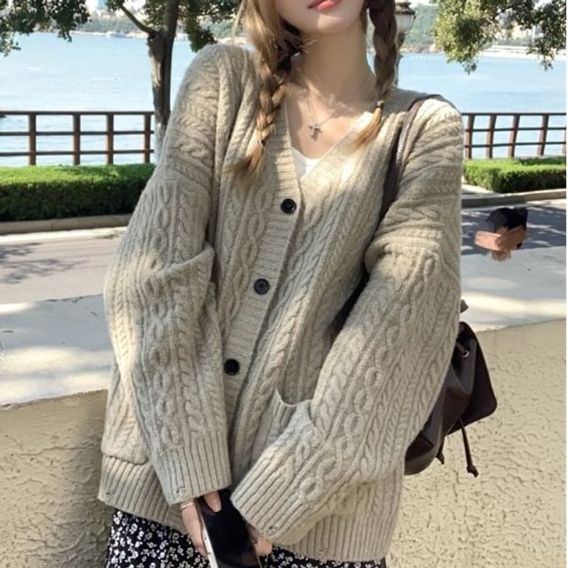 Closette-V-Neck Cable Knit Button Up Cardigan