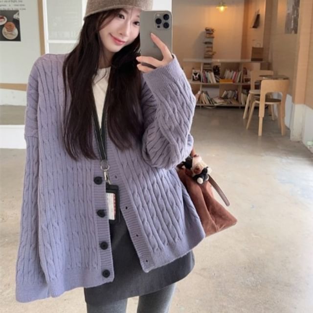 Closette-V-Neck Plain Cable Knit Cardigan