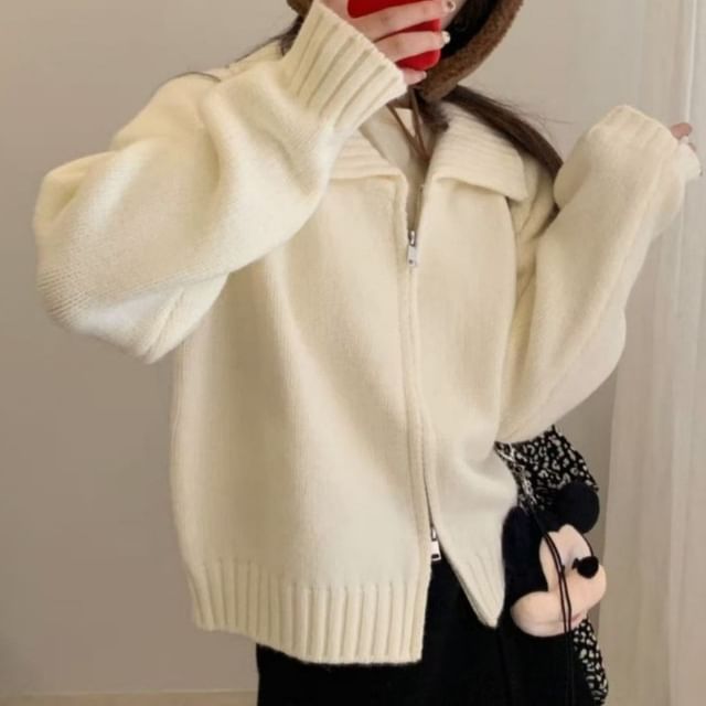 Cloud Nine-Collared Zip-Up Plain Cardigan