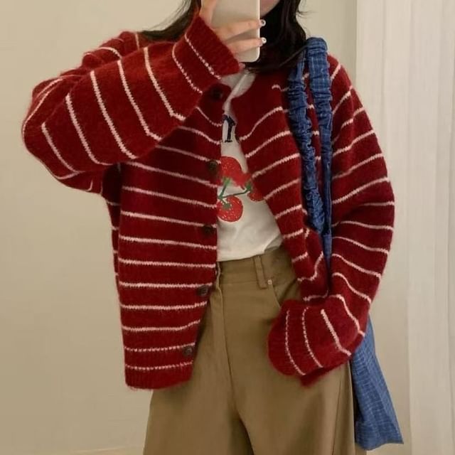 Cloud Nine-Crew Neck Striped Button-Up Cardigan