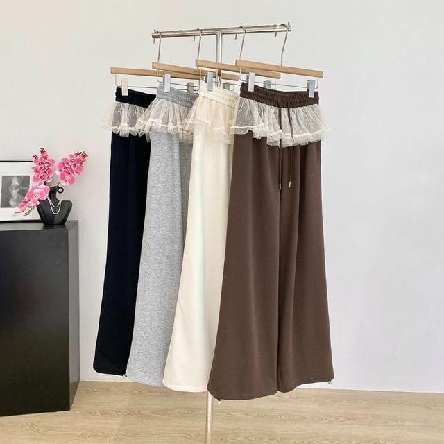 Cloud Nine-Drawstring Waist Lace Trim Wide Leg Sweatpants